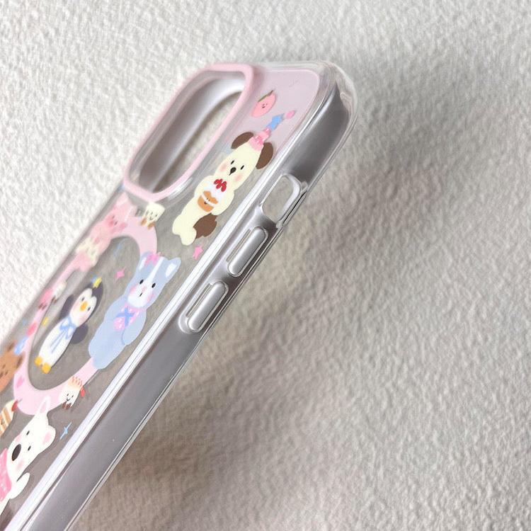 Little animals having an afternoon tea party iPhone case with card holder and phone stand.