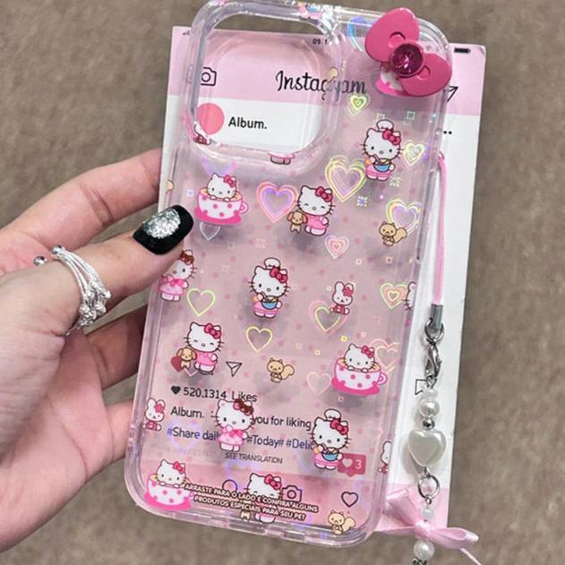 Pink kitty full heart iPhone case with a keychain.
