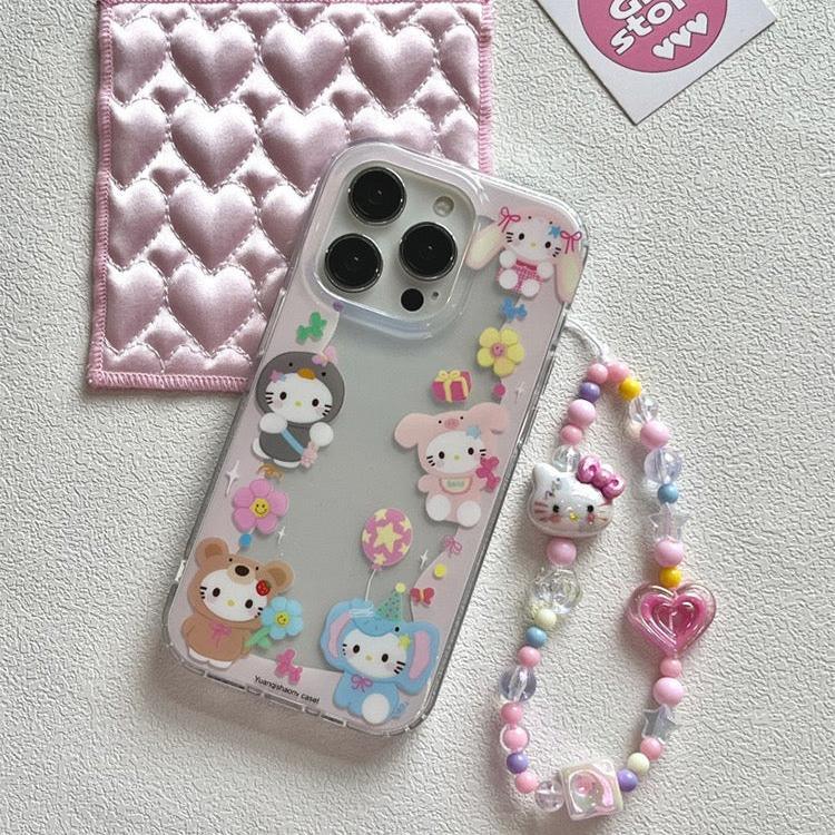 Kitty animal cosplay party iPhone case with honey pot design and keychain.