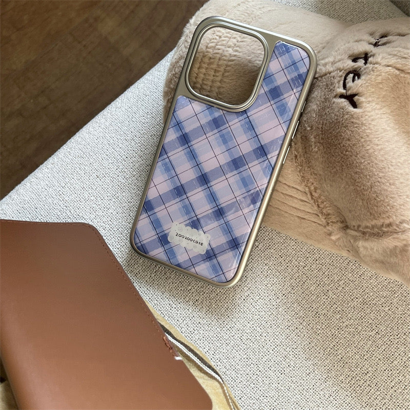 Purple plaid with silver border iPhone case