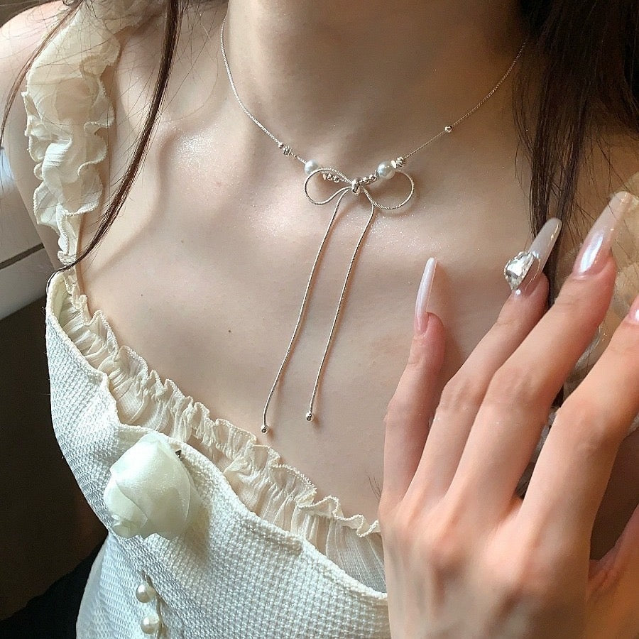 Ribbon pearl necklace/ aesthetic jewelry/ aesthetic accessories