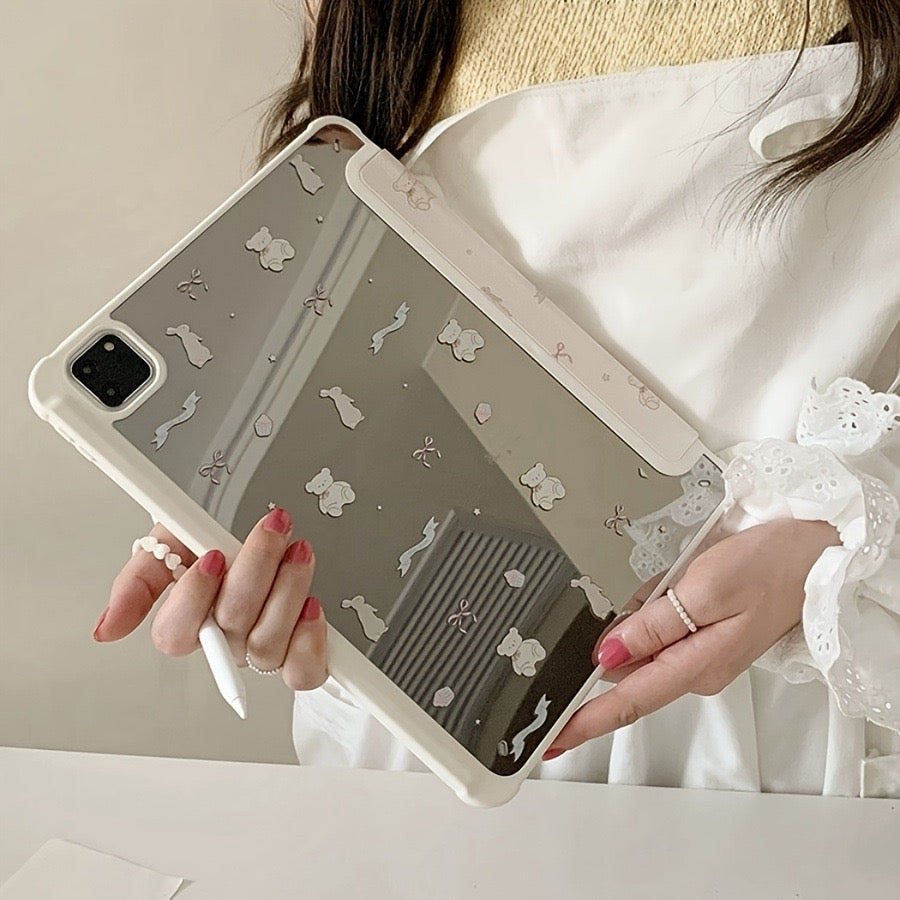 White mirror ribbon bear flat iPad case