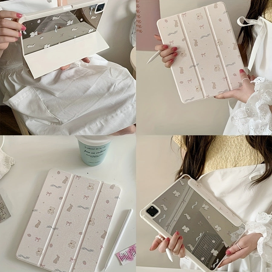 White mirror ribbon bear flat iPad case