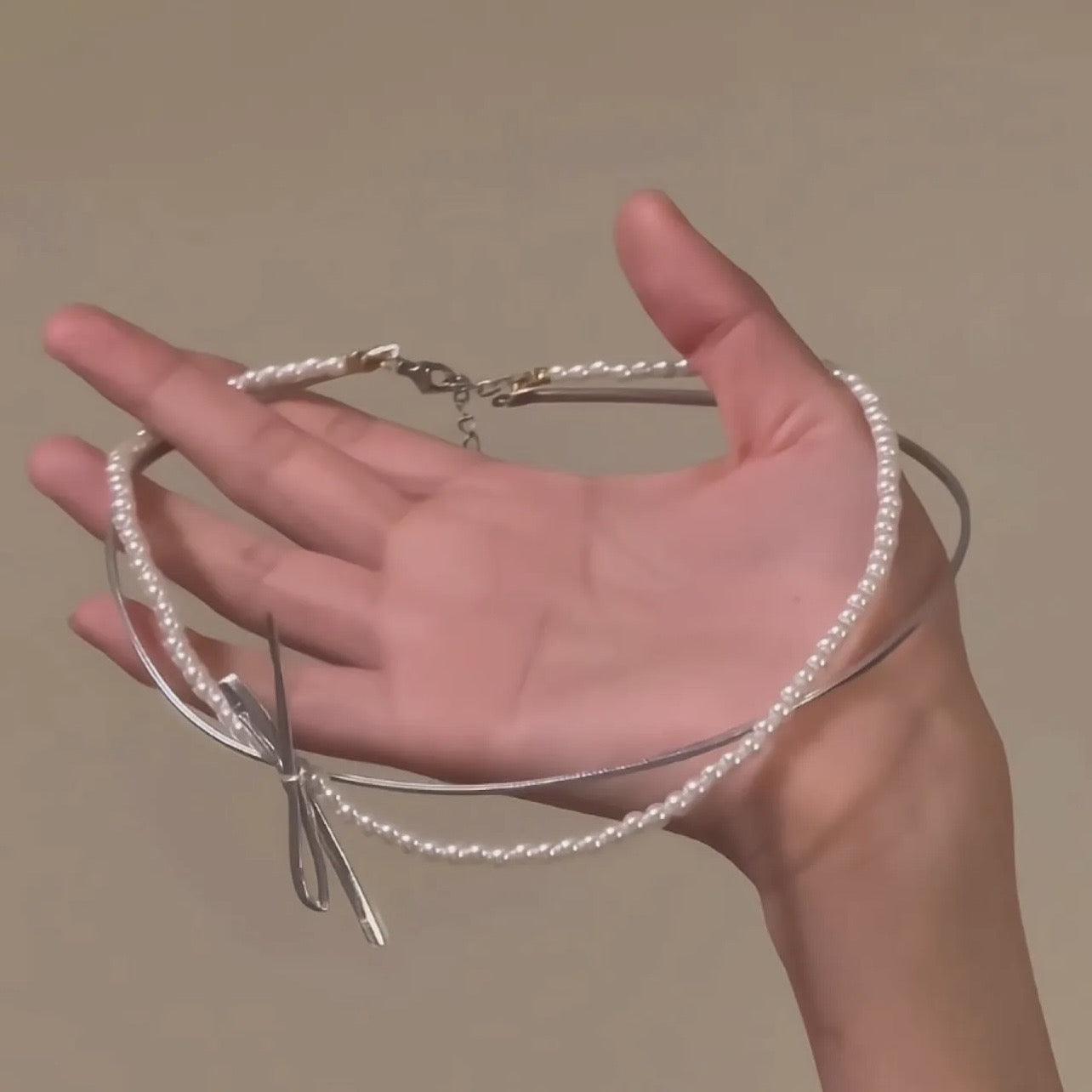 Sweet double-Layer Pearl ribbon Necklace