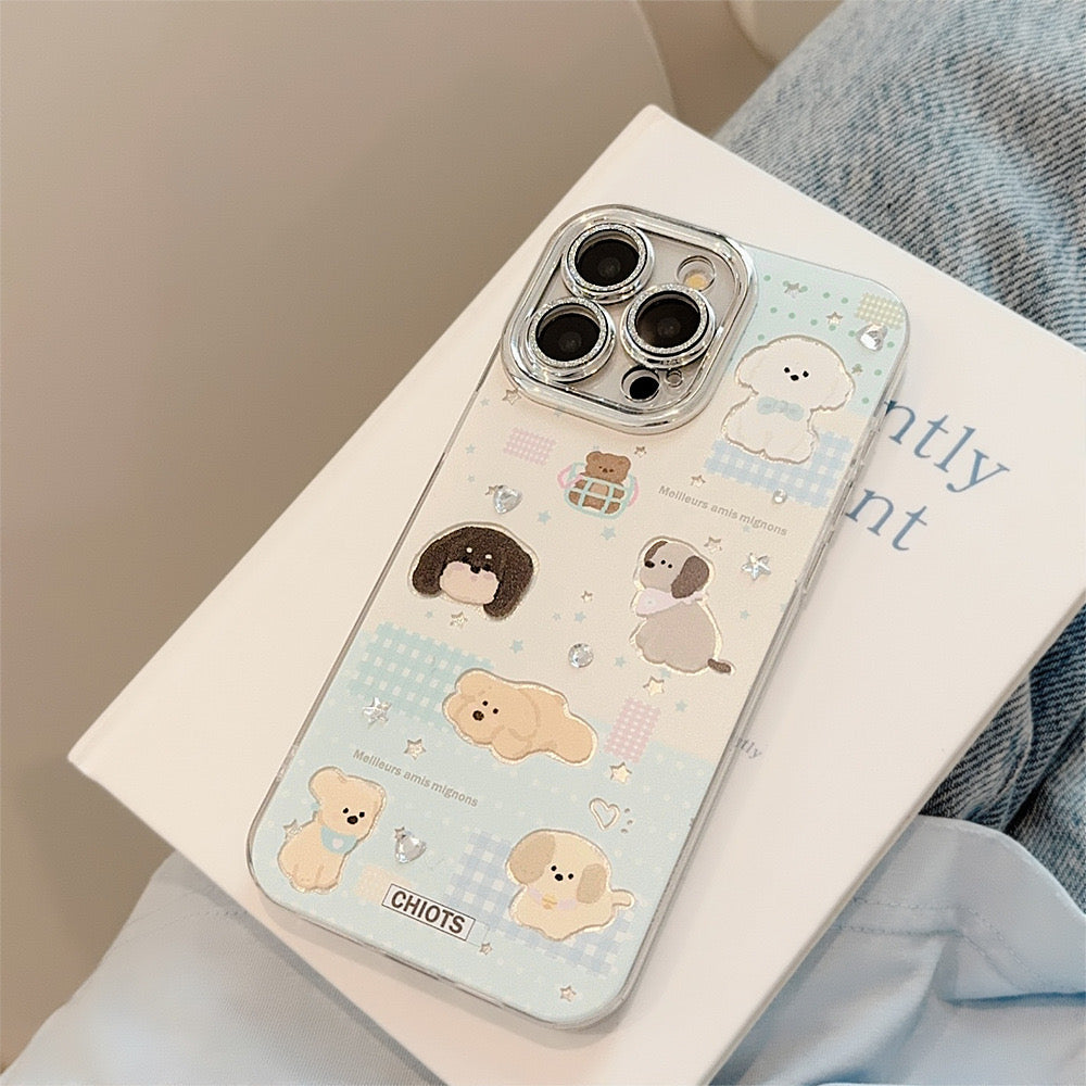 Shimmer Dogs Playing Together iPhone Case featuring playful dog illustrations with a shimmering finish, offering cute and protective style for your iPhone.