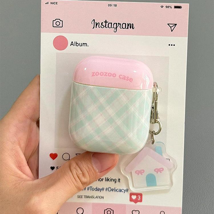 Two-tone plaid AirPods case with keychain in yellow, blue, green, and pink. Compatible with AirPods Pro 2, AirPods 3, and AirPods 4.