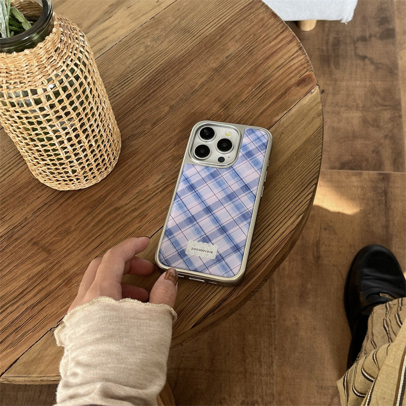 Purple plaid with silver border iPhone case