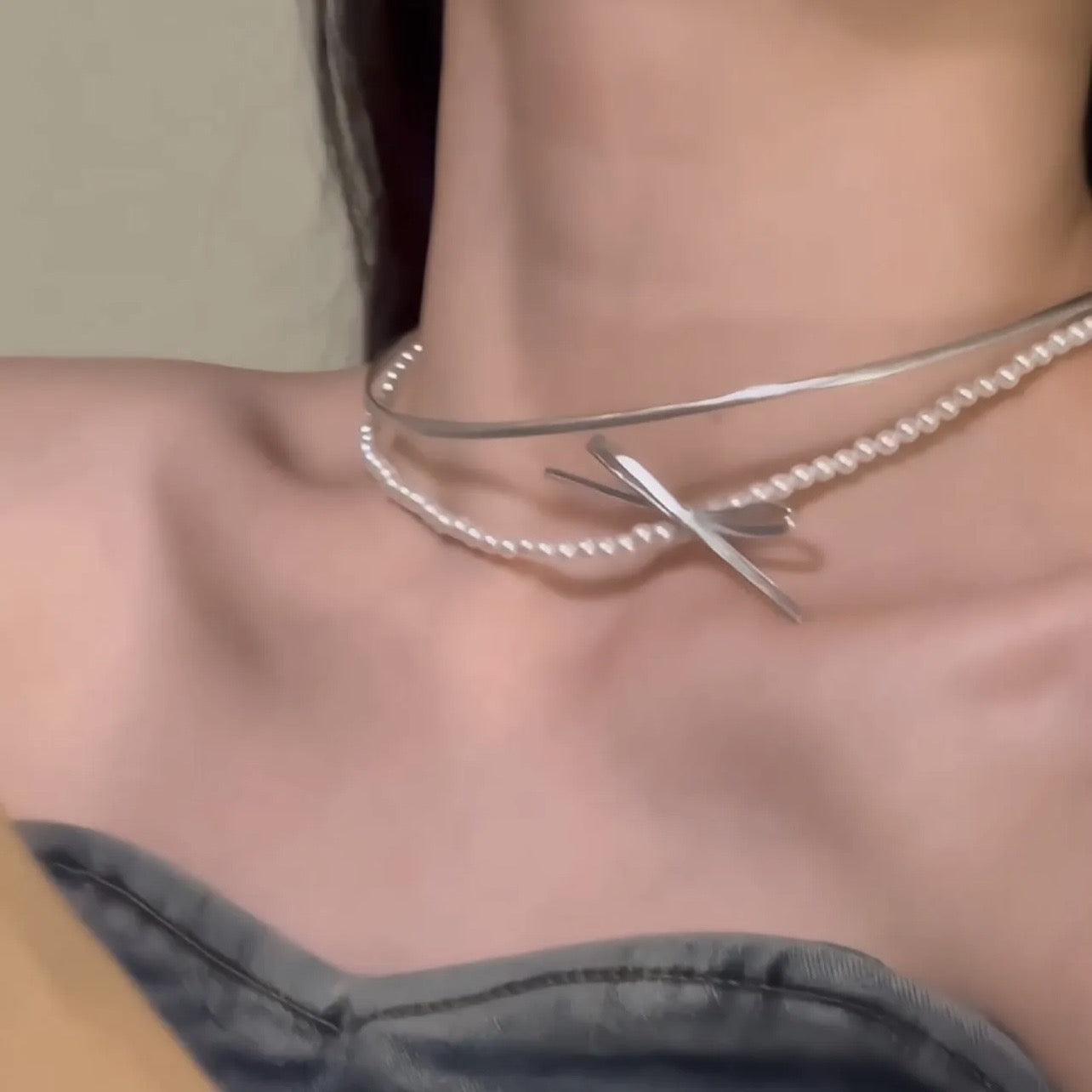 Sweet double-Layer Pearl ribbon Necklace
