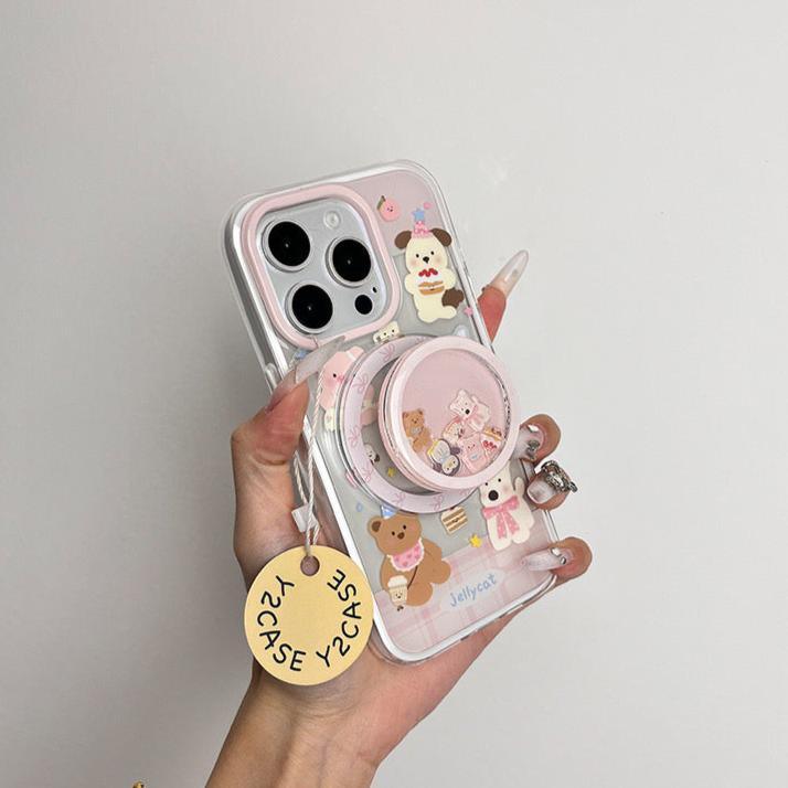 Little animals having an afternoon tea party iPhone case with card holder and phone stand.