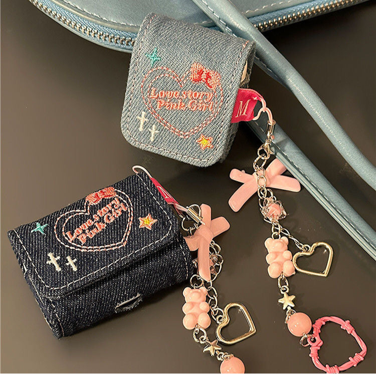 Embroidered Heart Denim airpods case charm