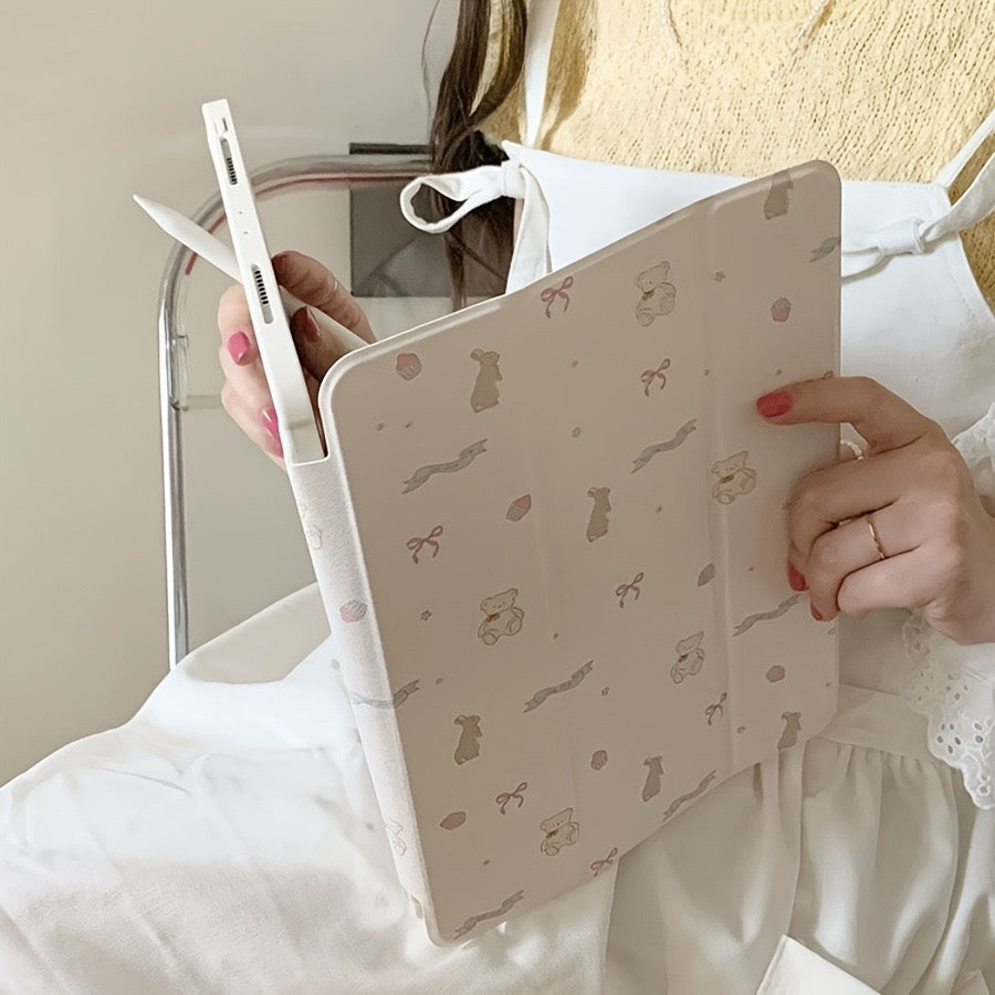 White mirror ribbon bear flat iPad case
