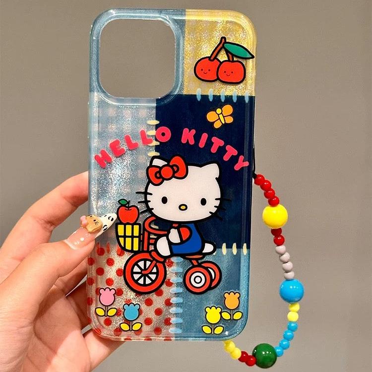 Shimmering kitty on a bicycle iPhone case with keychain.