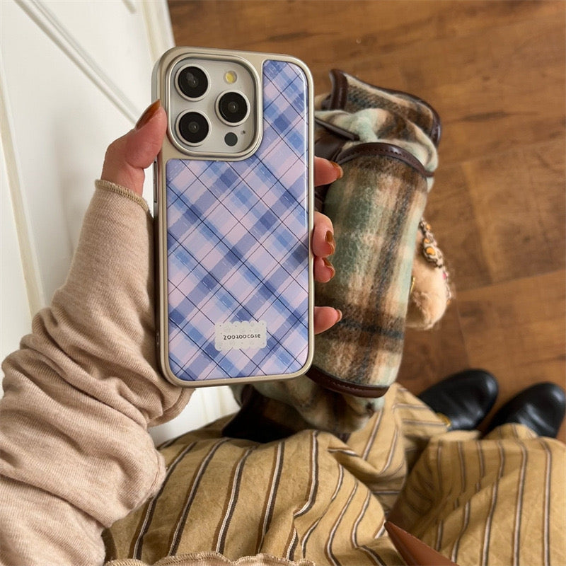 Purple plaid with silver border iPhone case