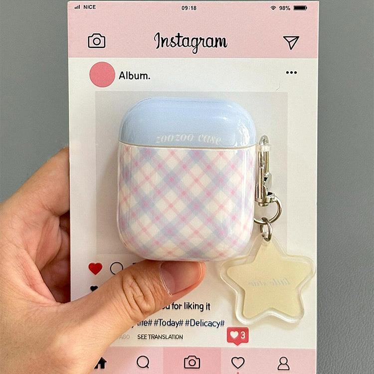 Two-tone plaid AirPods case with keychain in yellow, blue, green, and pink. Compatible with AirPods Pro 2, AirPods 3, and AirPods 4.