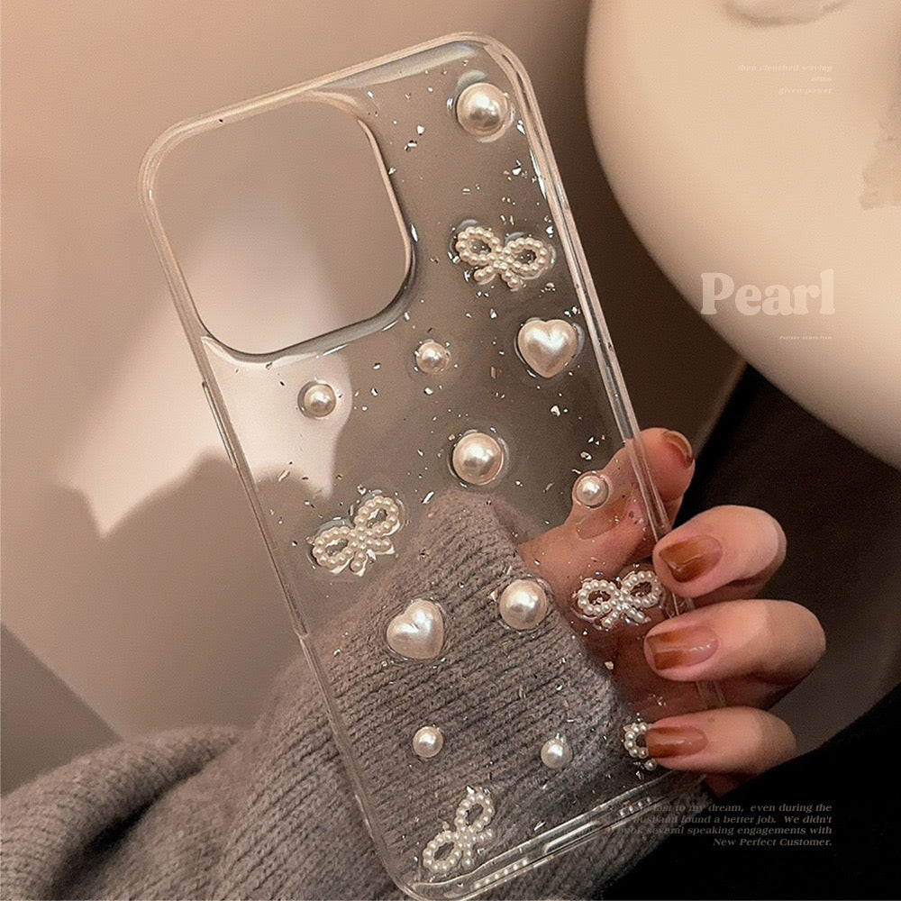 Transparent iPhone case with a pearl ribbon design, offering a stylish and protective look that enhances the phoneβs natural color.