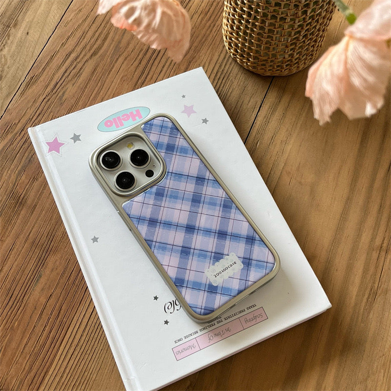Purple plaid with silver border iPhone case