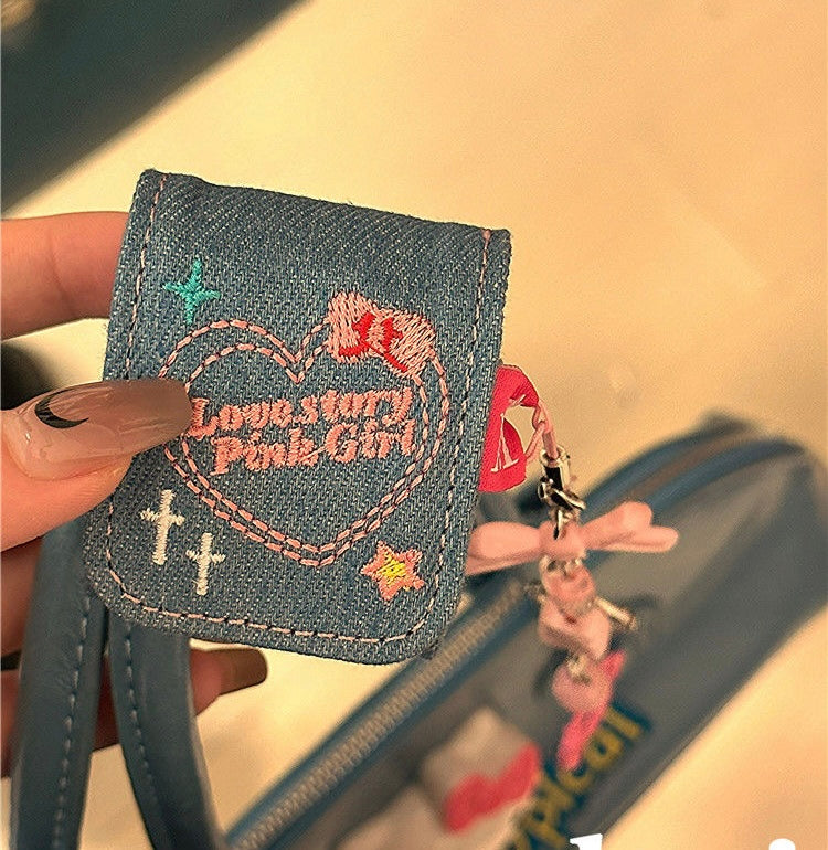Embroidered Heart Denim airpods case charm