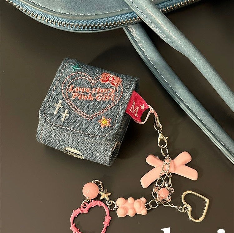 Embroidered Heart Denim airpods case charm