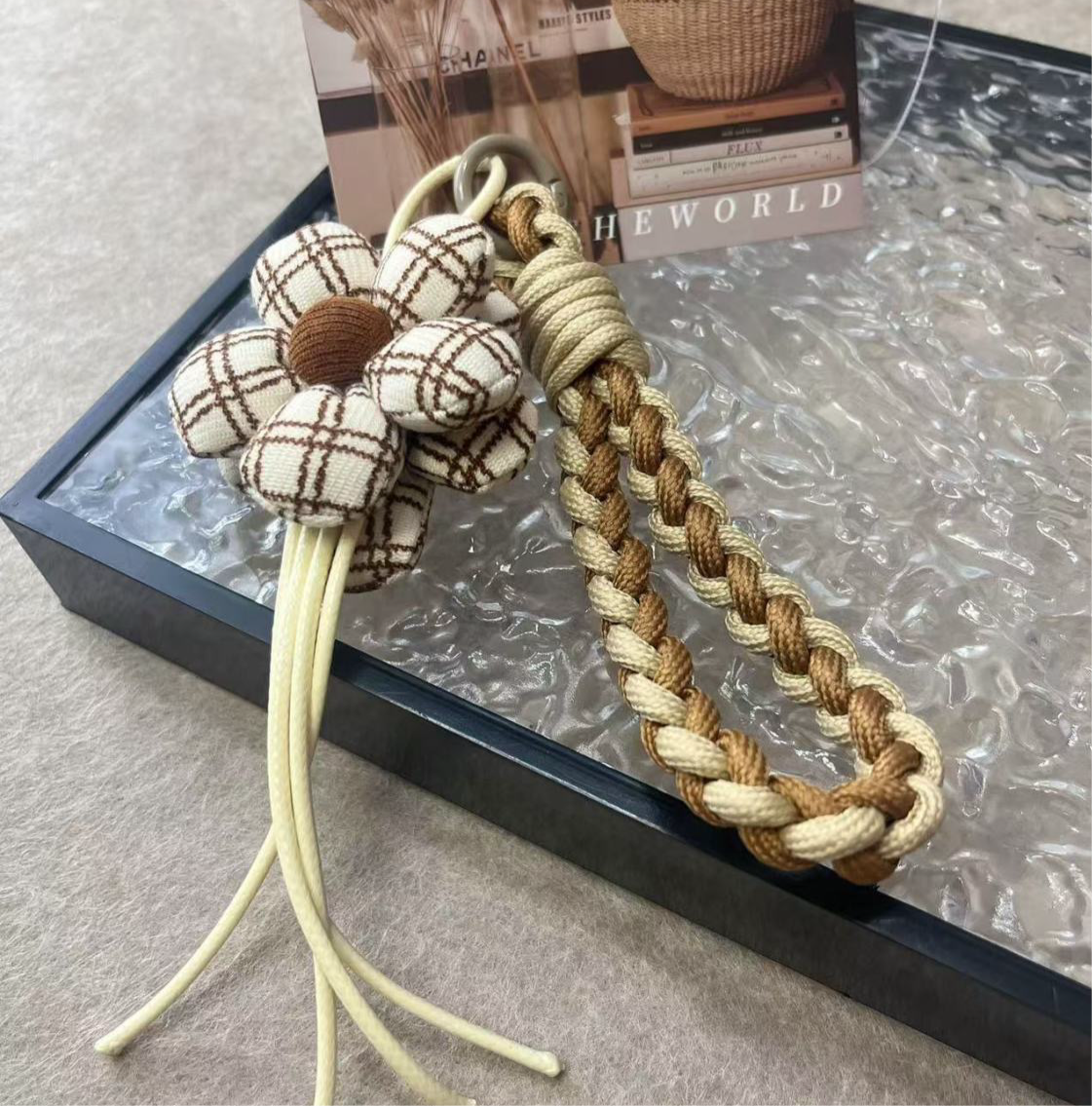 Checkerboard Flower Woven Lanyard Charm