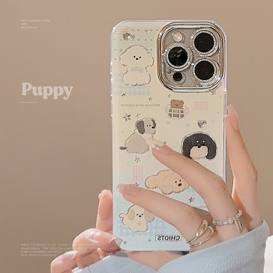 Shimmer Dogs Playing Together iPhone Case featuring playful dog illustrations with a shimmering finish, offering cute and protective style for your iPhone.