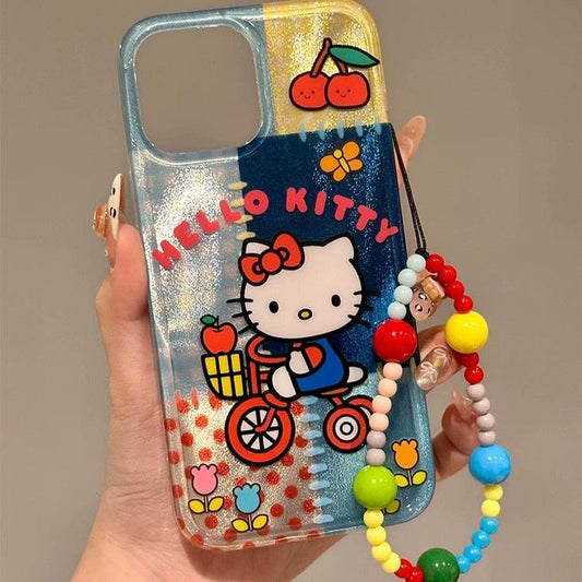Shimmering kitty on a bicycle iPhone case with keychain.