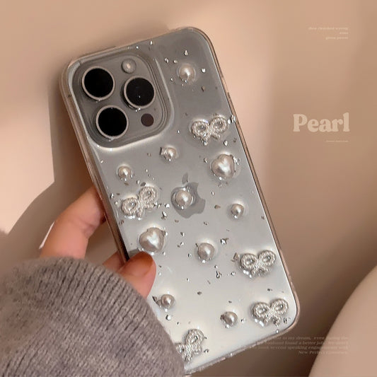 Transparent iPhone case with a pearl ribbon design, offering a stylish and protective look that enhances the phone’s natural color.