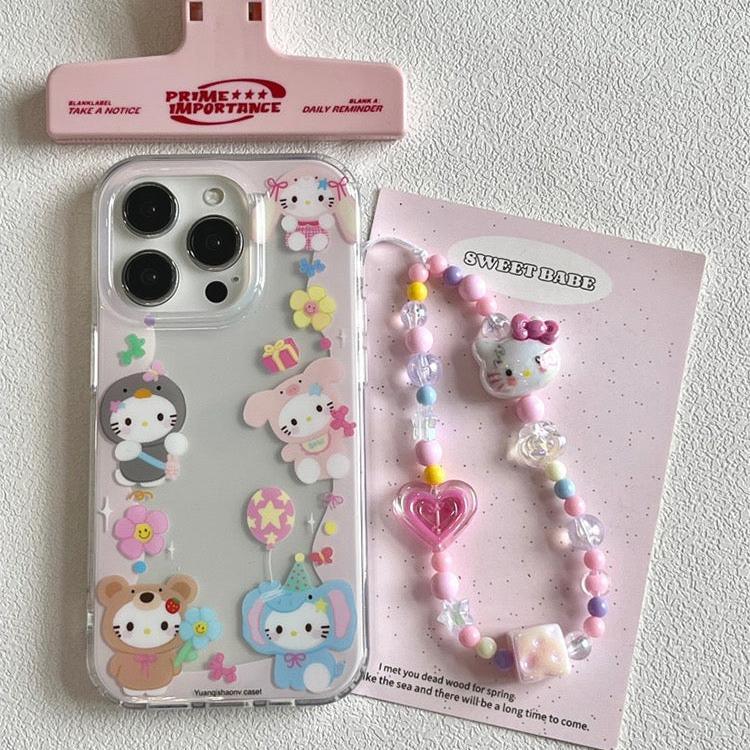 Kitty animal cosplay party iPhone case with honey pot design and keychain.