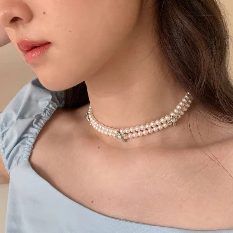 Double Cross Girl Pearl Neck Chain 🩵