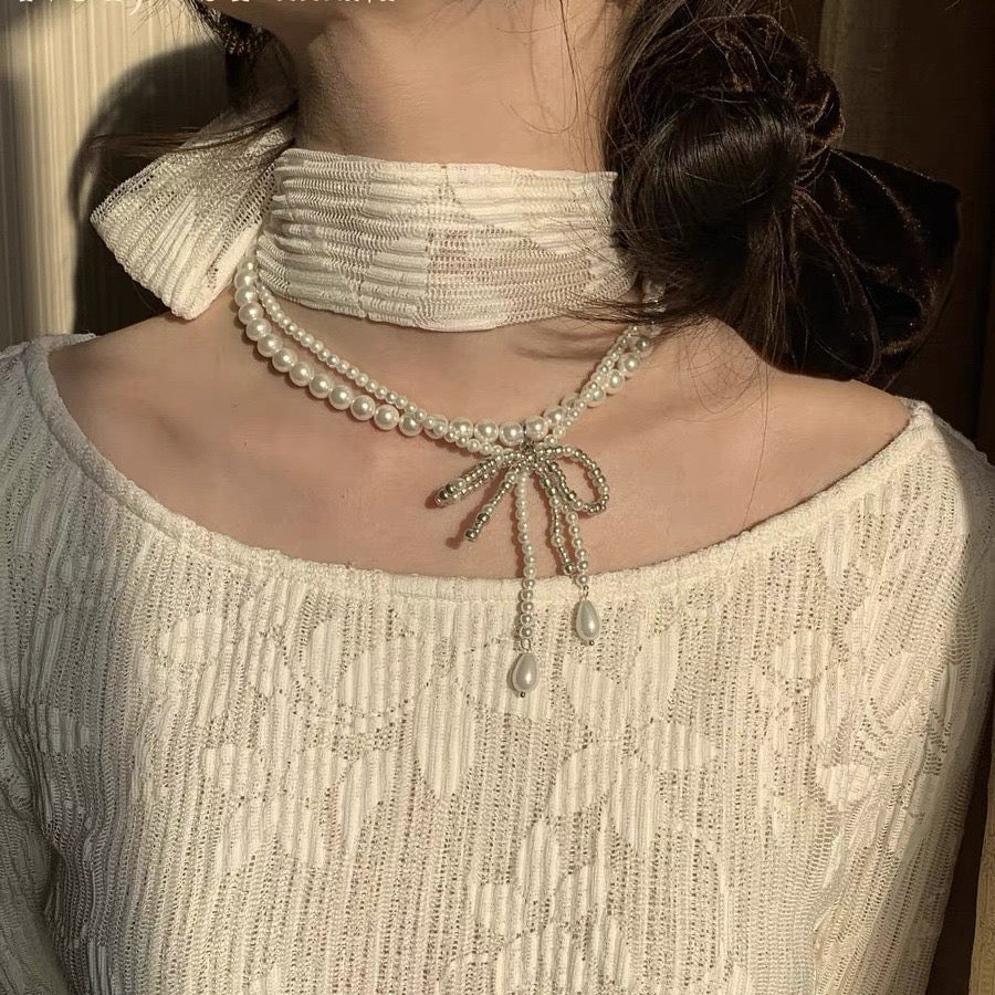 White double-layer bow necklace 💌