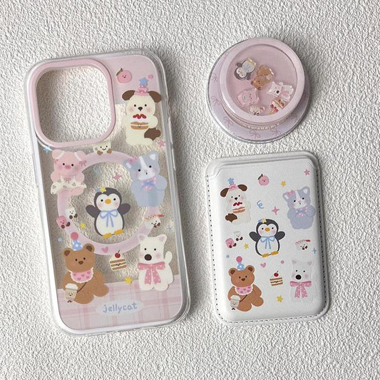 Little animals having an afternoon tea party iPhone case with card holder and phone stand.