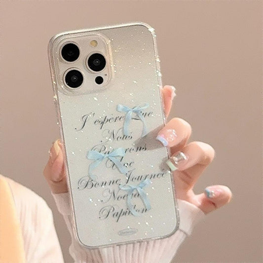 Shimmer Blue Ribbon iPhone Case featuring a stunning blue shimmer finish and elegant ribbon design, providing stylish protection for your iPhone.