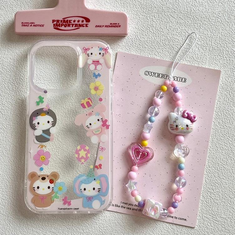 Kitty animal cosplay party iPhone case with honey pot design and keychain.