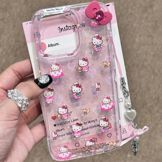 Pink kitty full heart iPhone case with a keychain.