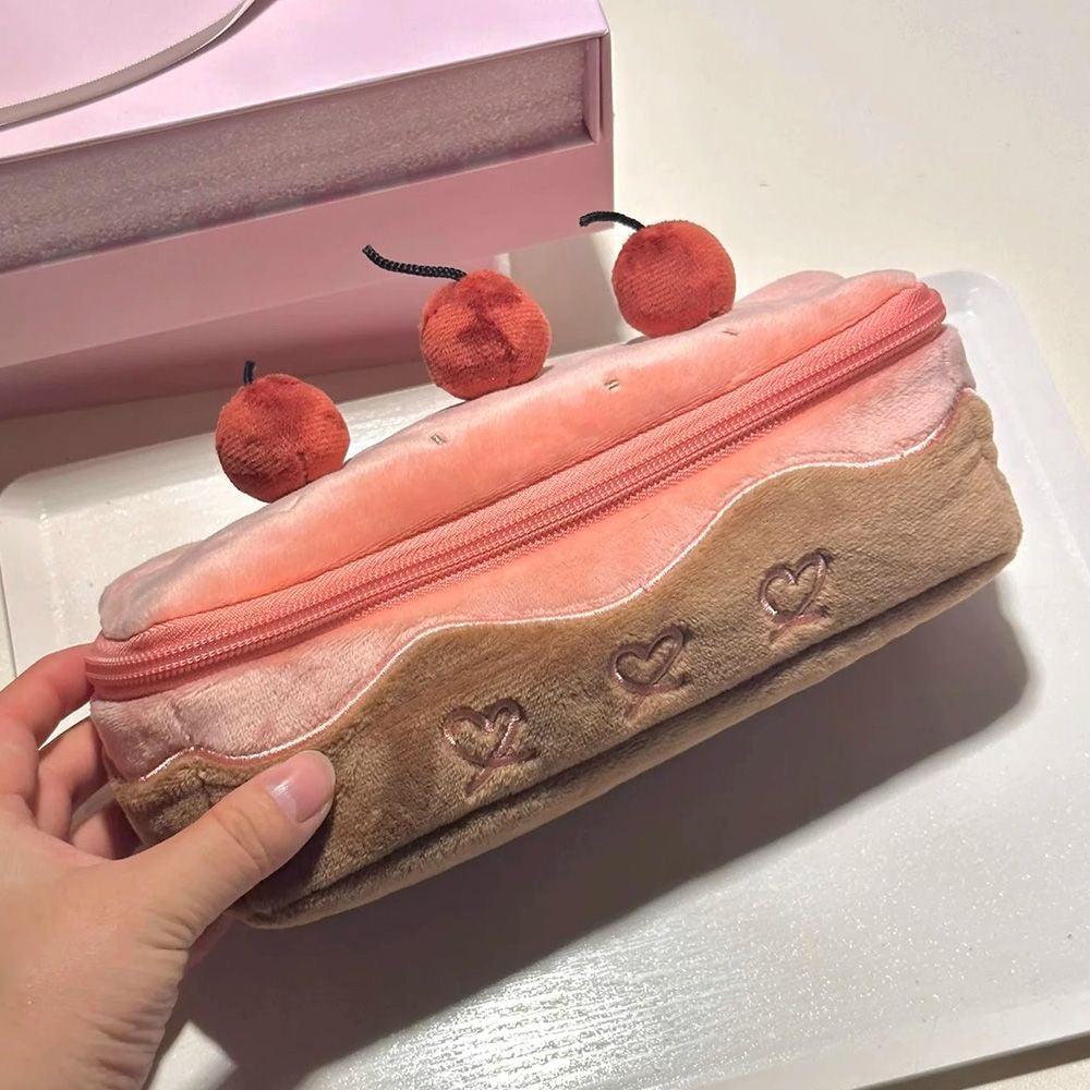 Plush cherry big capacity cake pencil bag