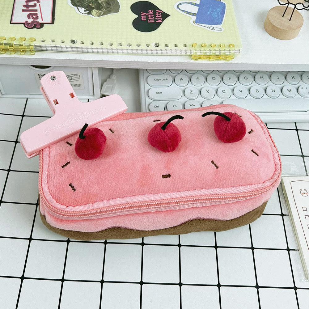 Plush cherry big capacity cake pencil bag