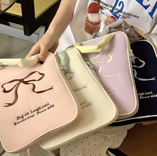 Two tone ribbon hand carry tablet bag 
